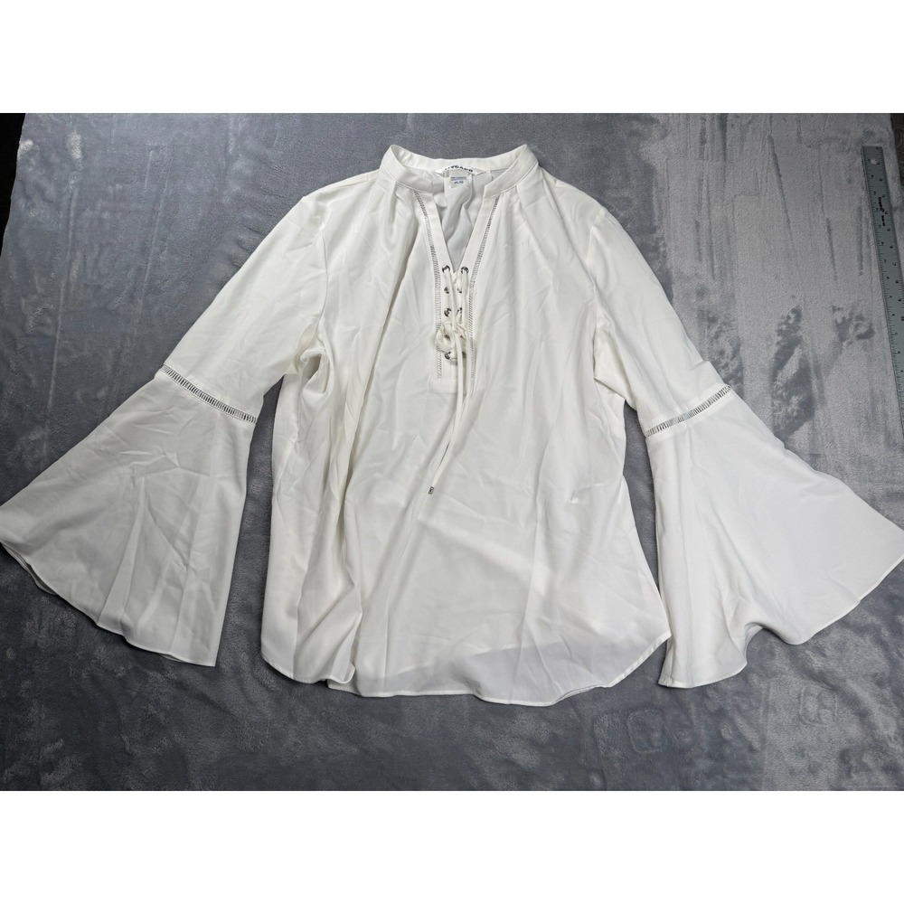 Nygård Blouse Top Womens PL White Stretch Lace Up Dramatic Bell Sleeves Modern